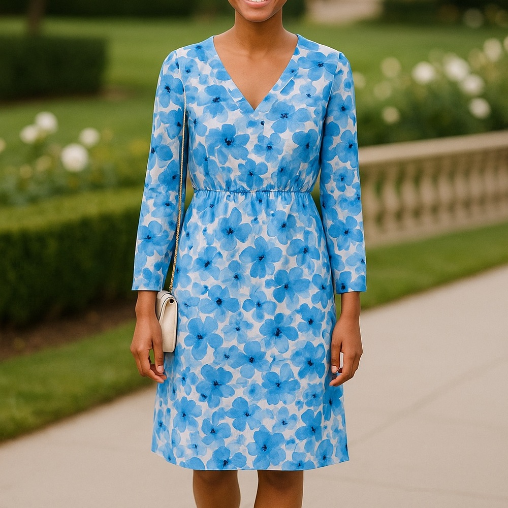 J Crew Factory Blue Floral Long Sleeve V Neck Dress Size 10 - Picture 3 of 13